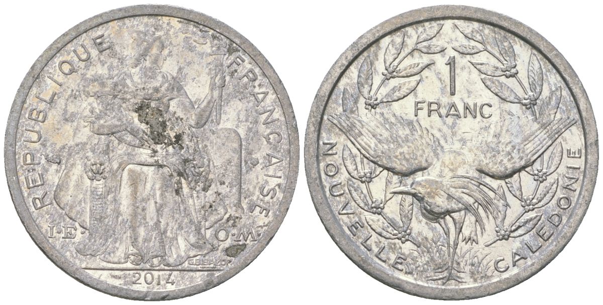 Французская Новая Каледония 1 франк 2014 птица кагу, (IEOM) KM 10, Schoen 10 алюминий 31-1027