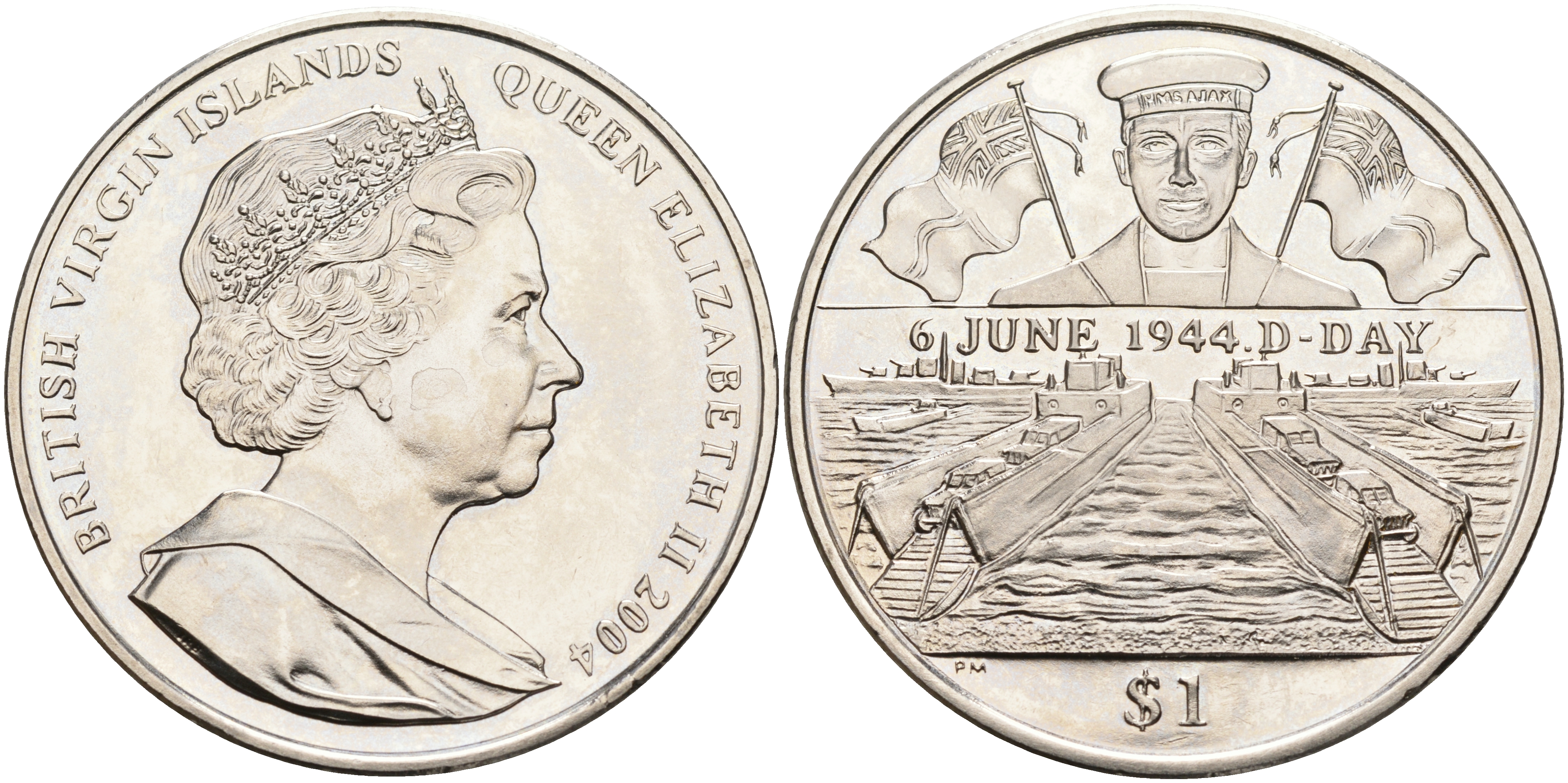 Британские Виргинские острова 1 доллар 2004 60 лет высадки десанта в Нормандии, D-DAY, морской флот KM 281 медно-никель	 UNC 107-421