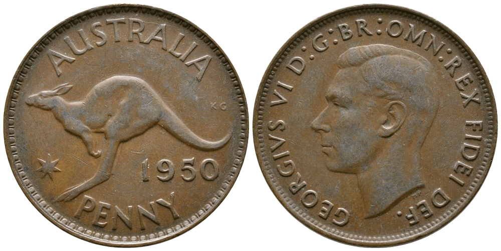 АВСТРАЛИЯ 1 ПЕННИ 1950 m, ГЕОРГ VI (1936-1952), КЕНГУРУ KM 43 бронза 84-1113