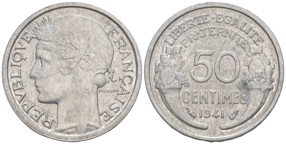 ФРАНЦИЯ 50 САНТИМОВ 1941 ТИП MORLON LOURDE KM 894.1a, LE FRANC 193.2 алюминий 44-155