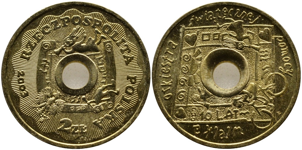 Польша 2 злотых 2003 MW, 10 лет великому оркестру рождественской помощи KM 446 нордик UNC 1526-1015