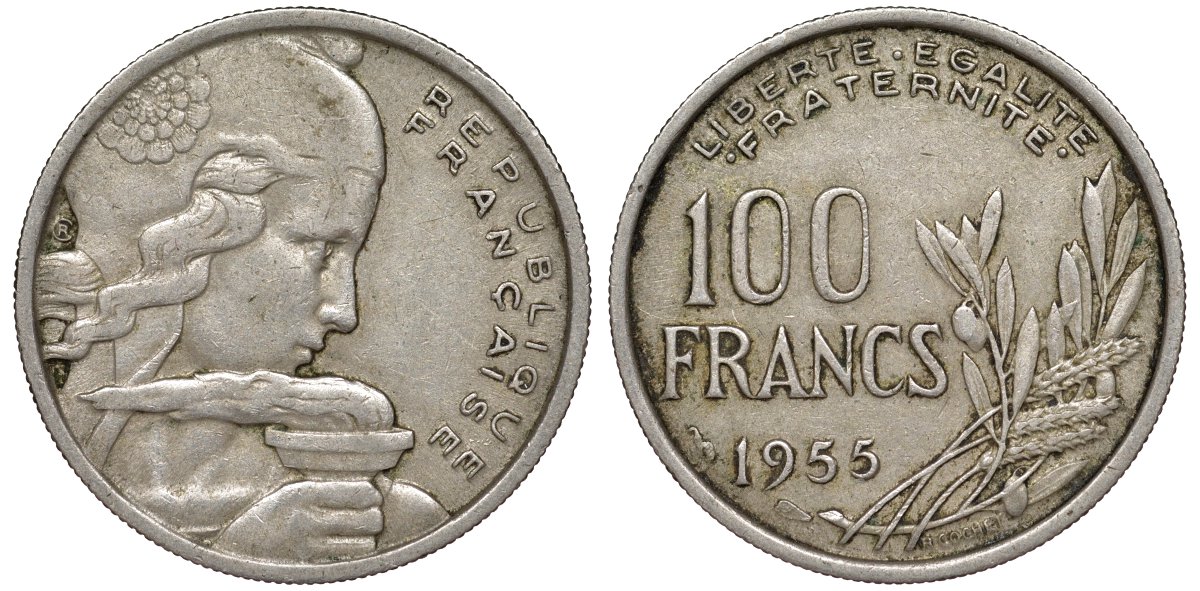 Франция 100 франков 1955 KM 919.1 медно-никель 51-2847