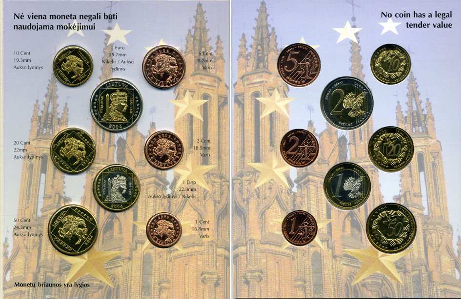 Литва набор из 8 монет 2004 европробники, в оригинальном картонном буклете, тираж 12500 экз. 5-6-3-43