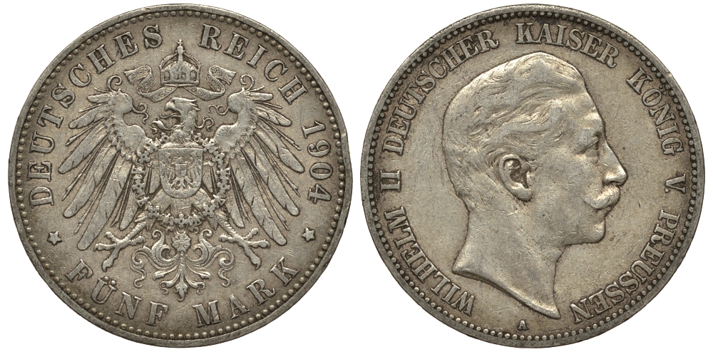 Пруссия 5 марок 1904 Вильгельм II (1888-1918) KM 523, J.104 серебро    413-4545
