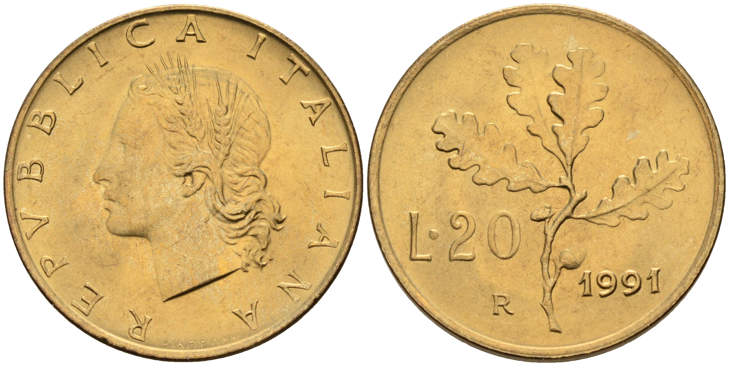 Италия 20 лир 1991 R, дубовый лист KM 97.2 алюминиевая бронза  UNC  4594-838