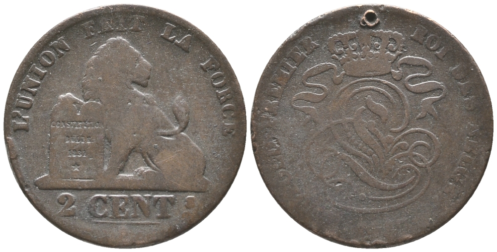 БЕЛЬГИЯ 2 САНТИМА ND С ОТВЕРСТИЕМ KM 4.2 медь 34-344