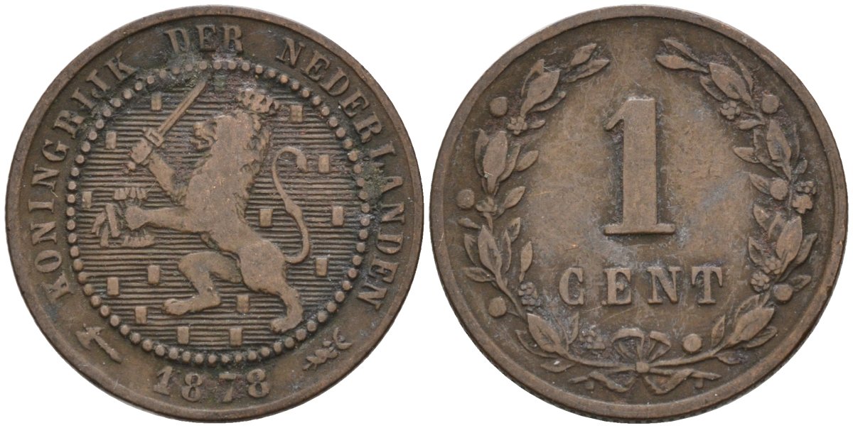 Нидерланды 1 цент 1878 Виллем III (1849-1890) KM 107 бронза 4576-541