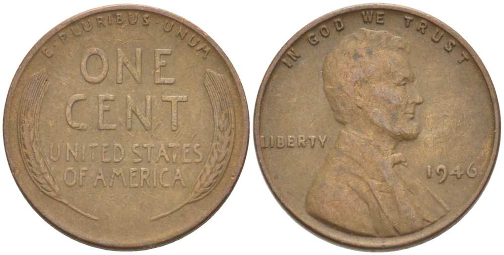 США 1 ЦЕНТ 1946 ЛИНКОЛЬН KM А132 медь цинк 218-216