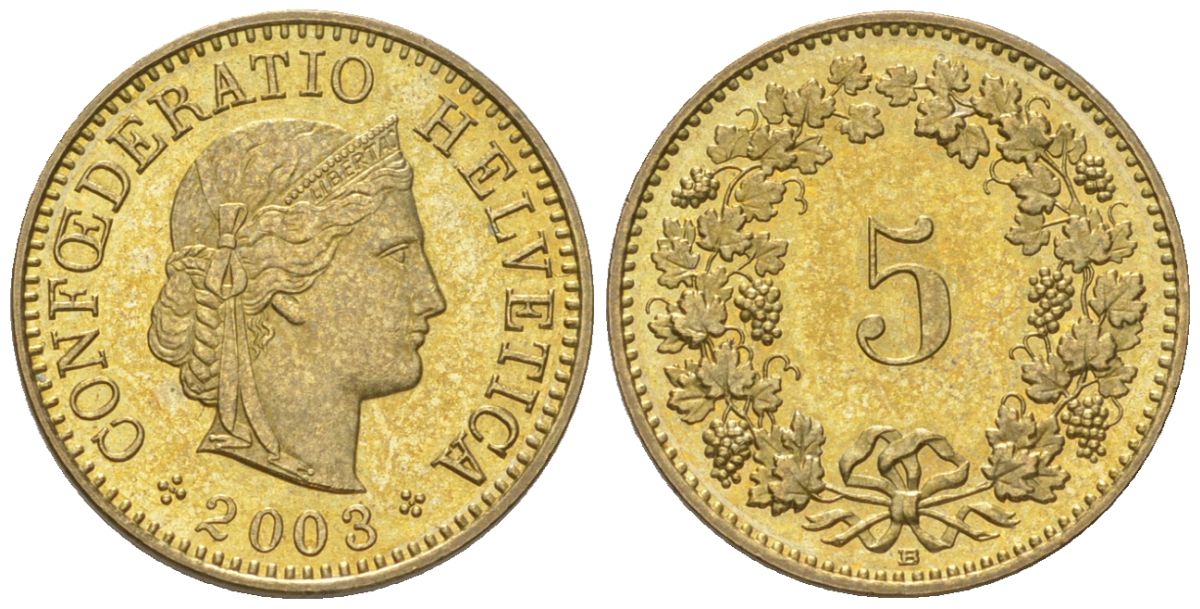 Швейцария 5 раппенов 2003 B KM 26c алюминиевая бронза aUNC 4115-1261