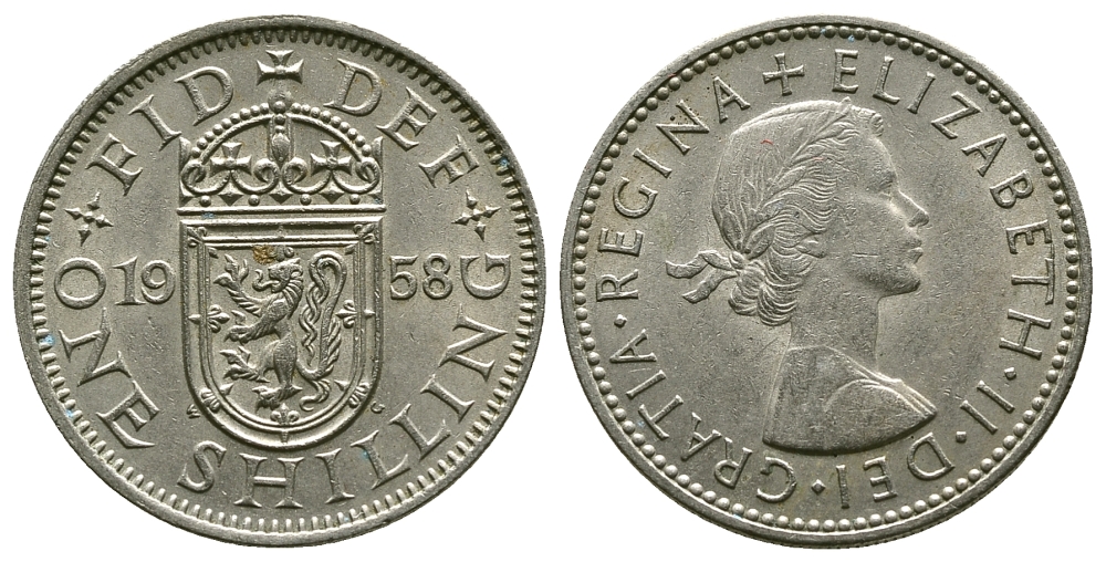 Великобритания 1 шиллинг 1958 Елизавета II (1952-2022), Шотландский герб KM 905, Spink 4148 медно-никель 4384-635