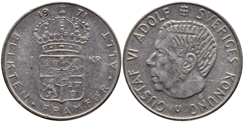 Швеция 1 крона 1971 Густав VI Адольф (1950-1973) KM 826a медь плакированная медно-никелем 4388-1257