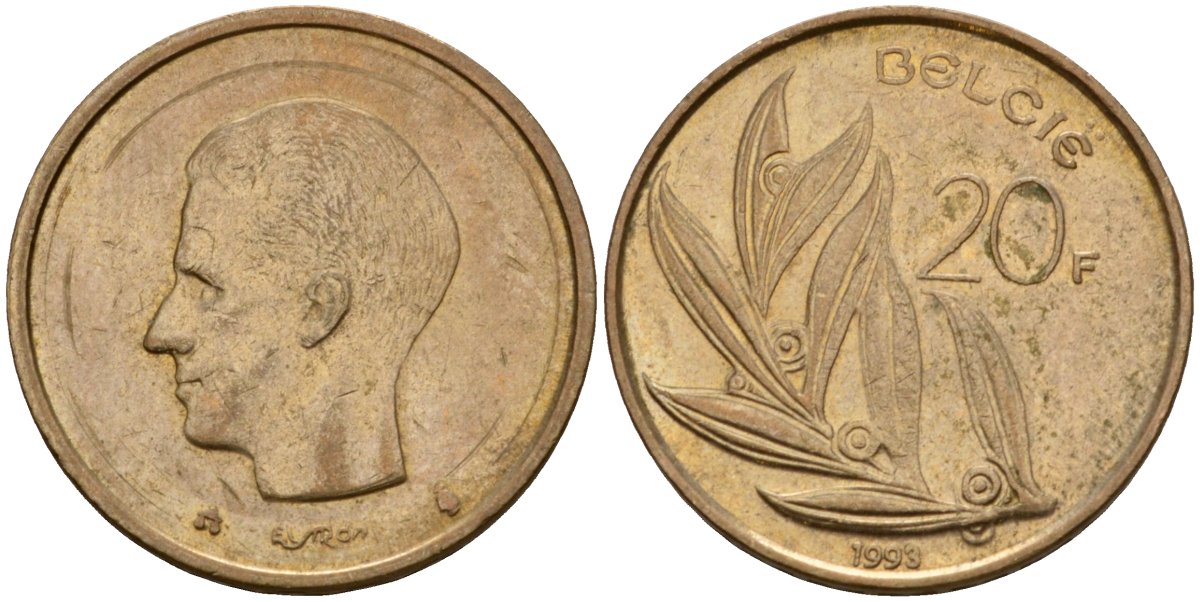 Бельгия 20 франков 1993 Belgie, Бодуэн I (1951-1993) KM 160 никель бронза 4599-226