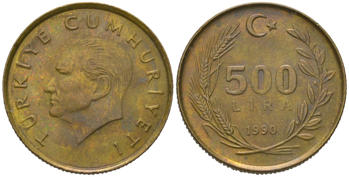Турция 500 лир 1990 Кемаль Ататюрк KM 989 алюминиевая бронза 4620-515
