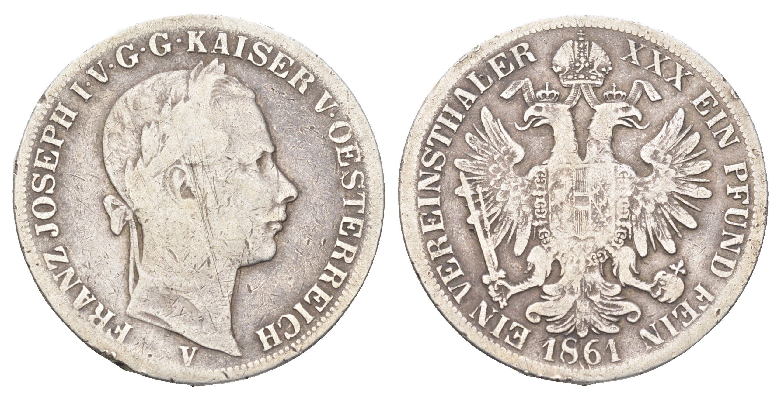 Австрия 1 союзный талер 1861 V, Франц Иосиф I (1848-1916) KM 2244 серебро 5010-1944