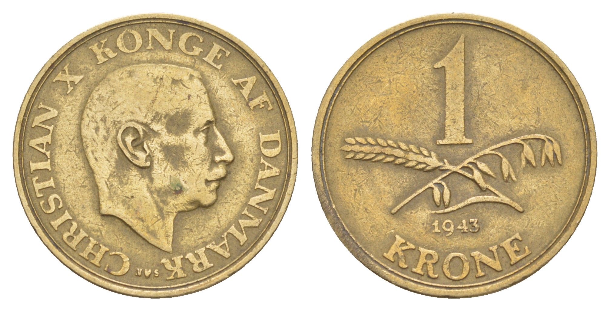 Дания 1 крона 1943 N, Кристиан X (1912-1947) KM 835 алюминиевая бронза 4654-736