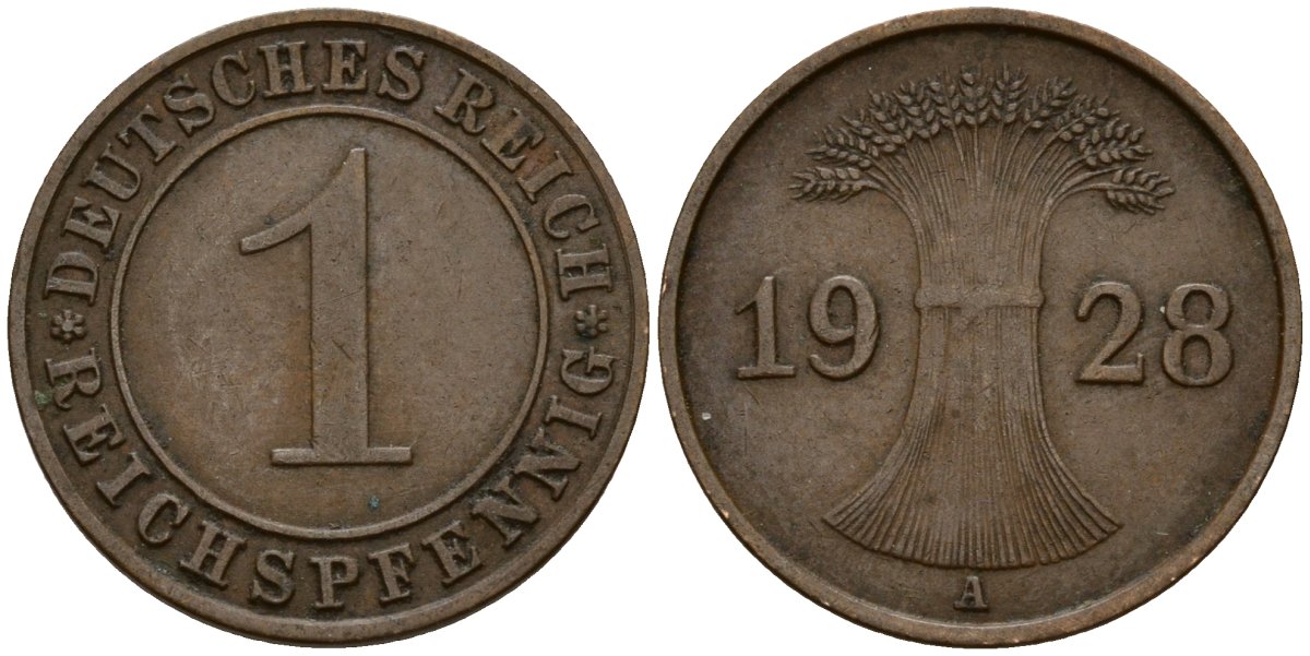 Германия 1 рейхспфенниг 1928 A KM 37, J. 313 бронза 4189-815