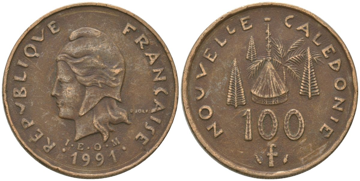 Французская Новая Каледония 100 франков 1991 хижина среди сосен и пальм, (IEOM) KM 15, Schoen 16, Lec 136 никель бронза 88-646
