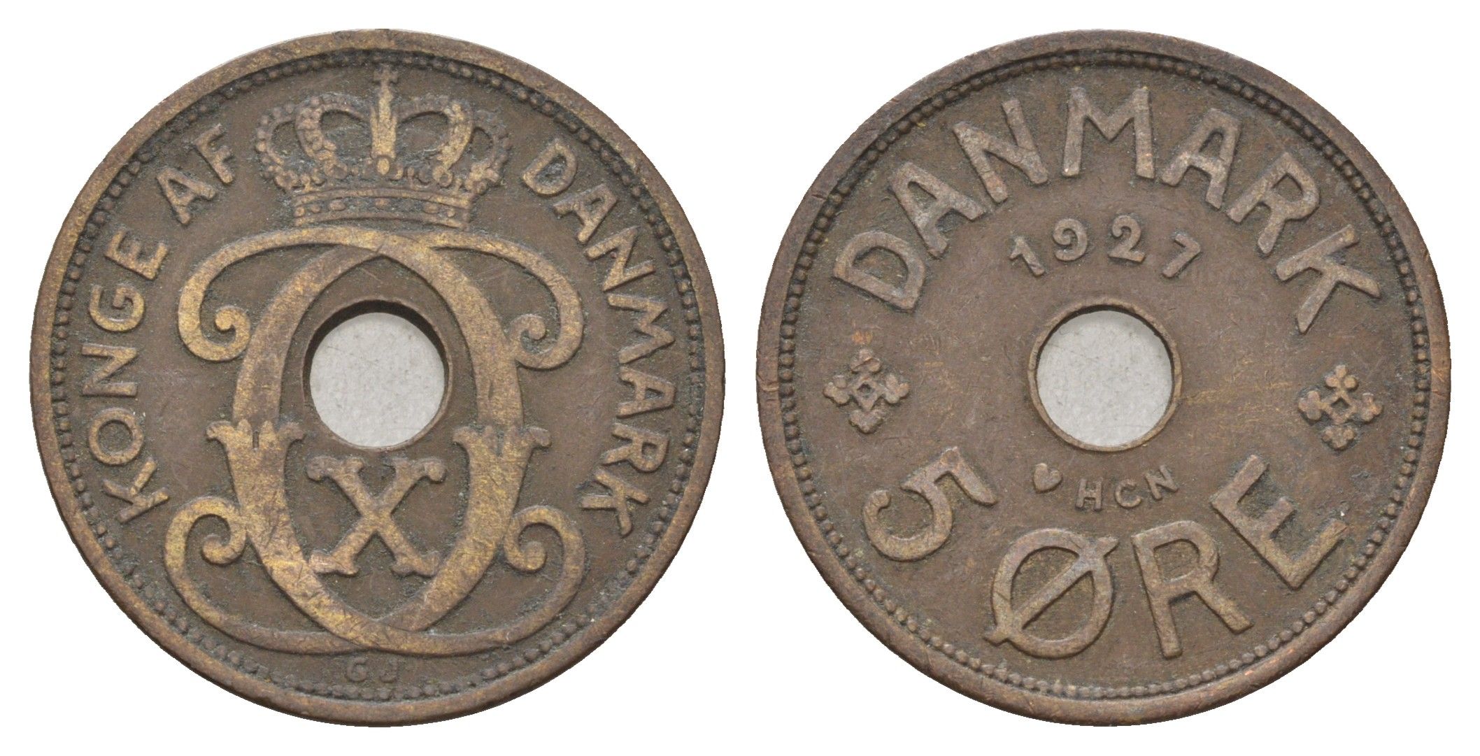 Дания 5 эре 1927 NCH, Кристиан X (1912-1947) KM 828 бронза 4700-753