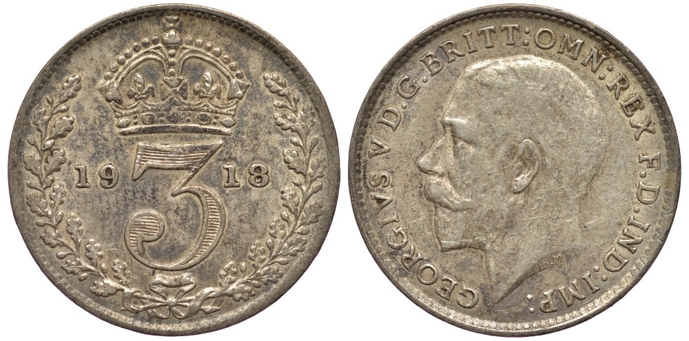 Великобритания 3 пенса 1919 Георг V (1910-1936) KM 813, Spink 4015 серебро 4528-512