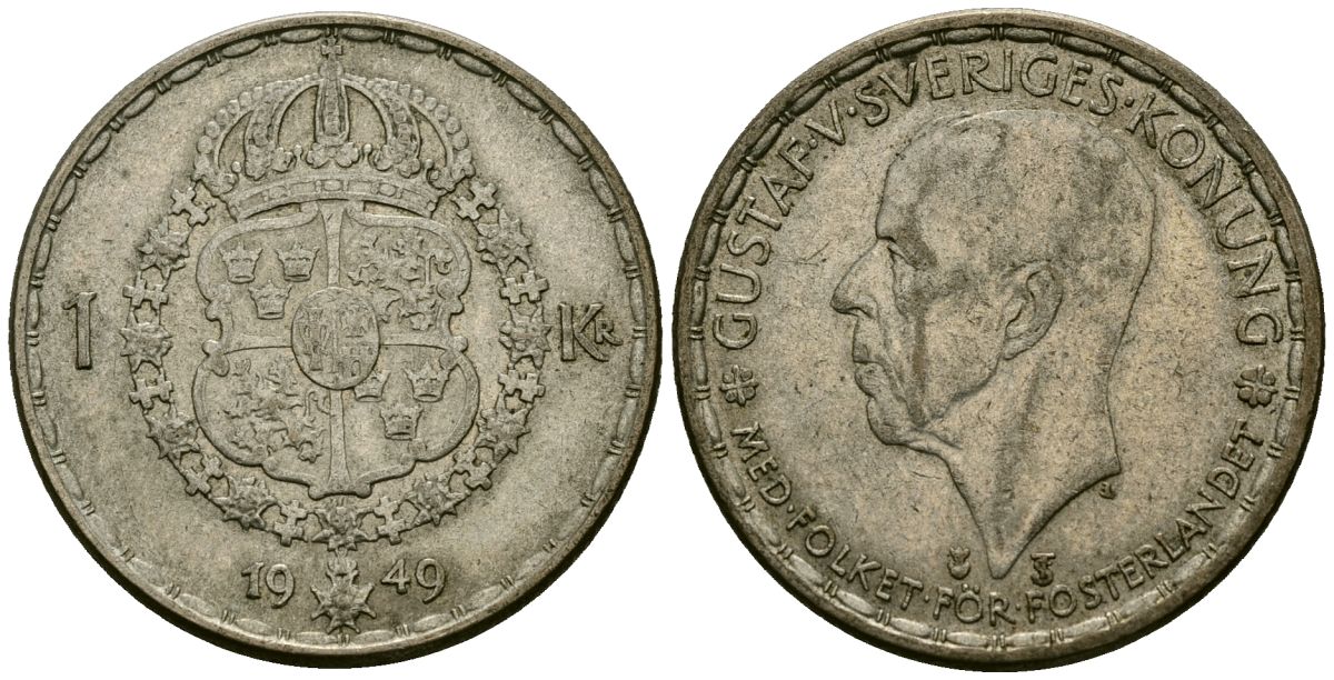 Швеция 1 крона 1949 TS, Густав VI Адольф (1950-1973) KM 814 серебро 4177-953