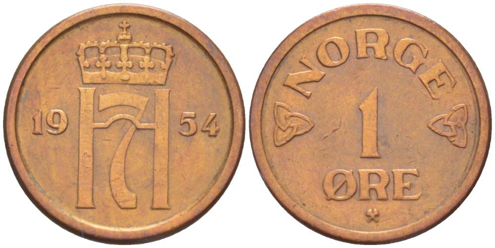 НОРВЕГИЯ 1 ЭРЕ 1954 ХОКОН VII (1905-1957) KM 398 бронза 4516-762