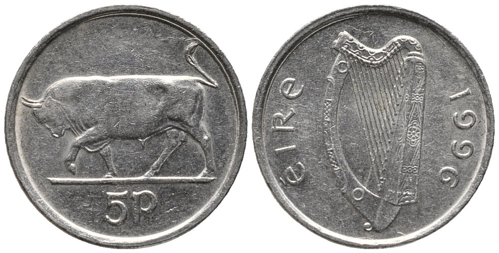 ИРЛАНДИЯ 5 ПЕНСОВ 1996 БЫК KM 28 медно-никель 100-1259