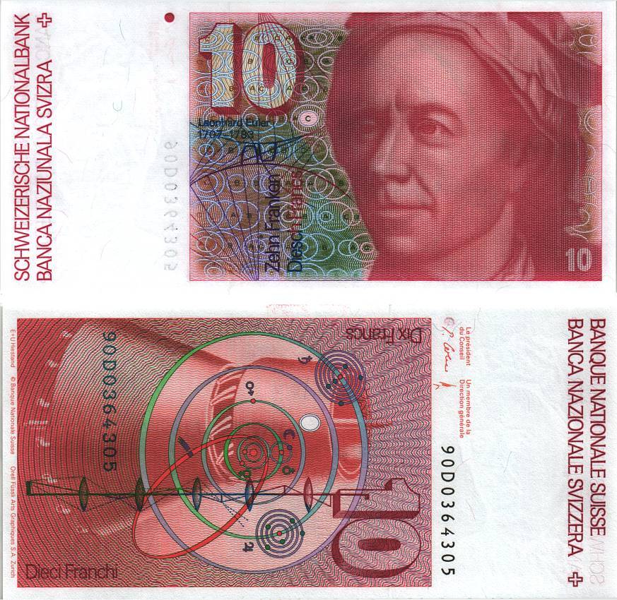 Швейцария 10 франков 1990 Леонард Эйлер, подпись 64 Pick 53 h бумага UNC (пресс) 8606-13-2-1