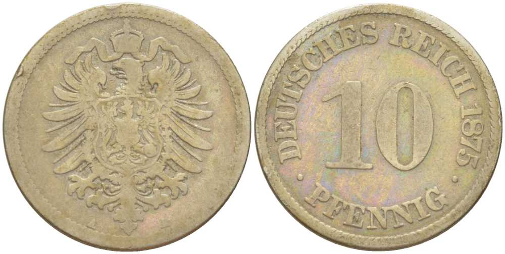ГЕРМАНИЯ 10 ПФЕННИГОВ 1875 A, СТАРОГЕРБОВКА KM 4, J. 4, Weege 7 медно-никель 261-1221