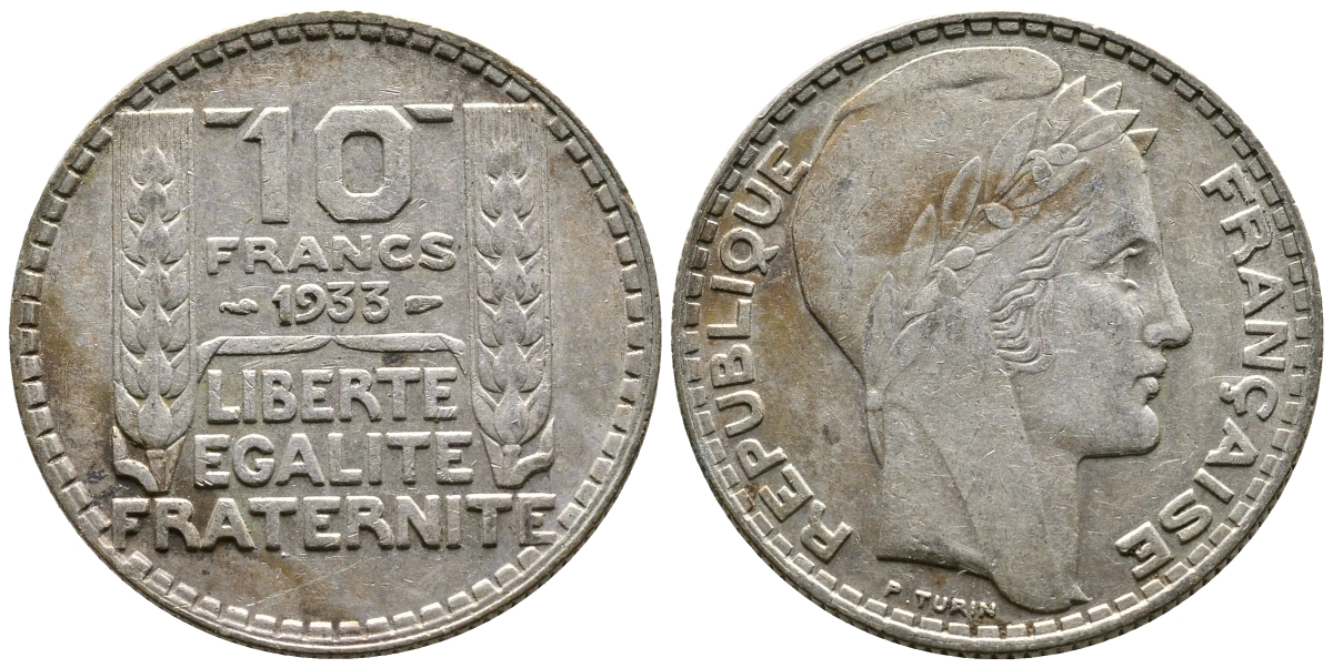 Франция 10 франков 1933 Пьер Тюрен KM 878, Le Franc 360.6 серебро 63-827