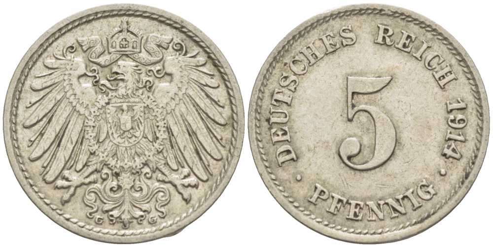 ГЕРМАНИЯ 5 ПФЕННИГОВ 1914 G KM 11, J. 12 медно-никель 105-217