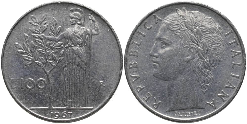 ИТАЛИЯ 100 ЛИР 1967 R, АФИНА KM 96.1 нержавеющая сталь 32-641