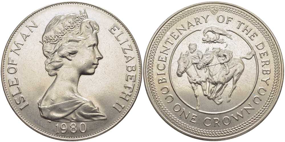 Остров Мэн 1 крона 1980 200 лет дерби, ипподромные скачки KM 63 медно-никель UNC 107-523