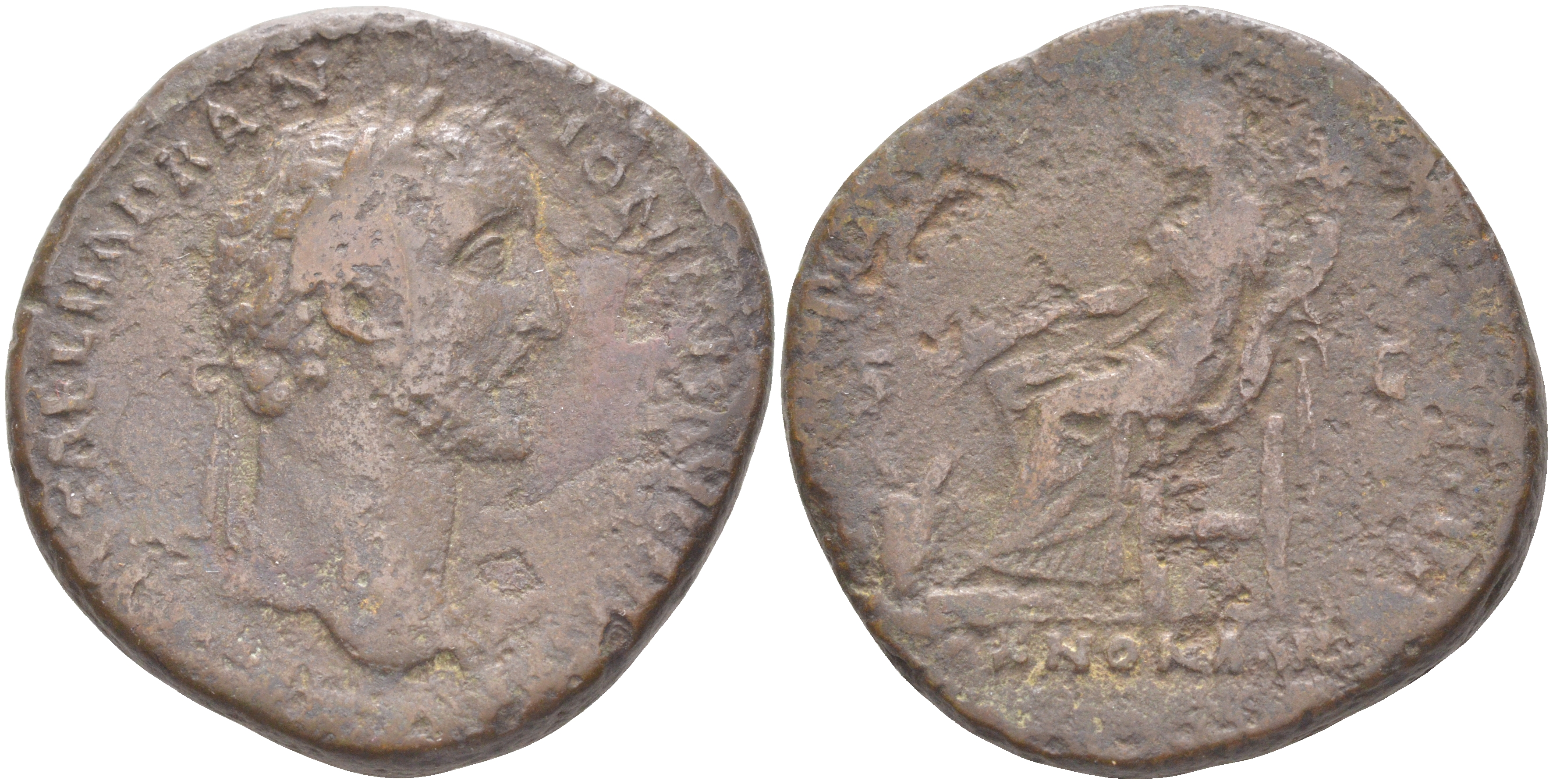 Римская Империя сестерций 151 - 152 Антонин Пий, бюст императора, IMP CAES T AEL HADR ANTONINVS AVG PIVS P P / Аннона, покровительница хлебного урожая, TR POT XV COS IIII S C ANNONA AVG, Рим (из немецкой коллекции 1-й половины XX века) RIC 891 бронза 1073