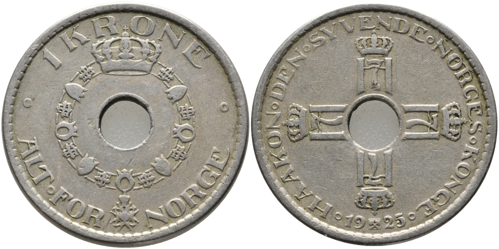 Норвегия 1 крона 1925 Хокон VII (1905-1957) KM 385 медно-никель 23-543