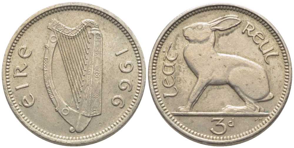 Ирландия 3 пенса 1966 заяц KM 12а медно-никель 112-618
