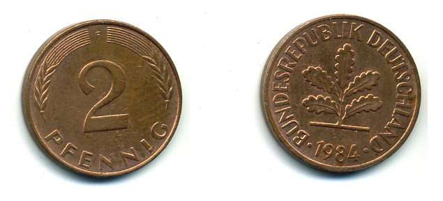 ФРГ 2 ПФЕННИГА 1984 F KM 106a, J.381a сталь плакированная сталь плакированная медьюю 46-211