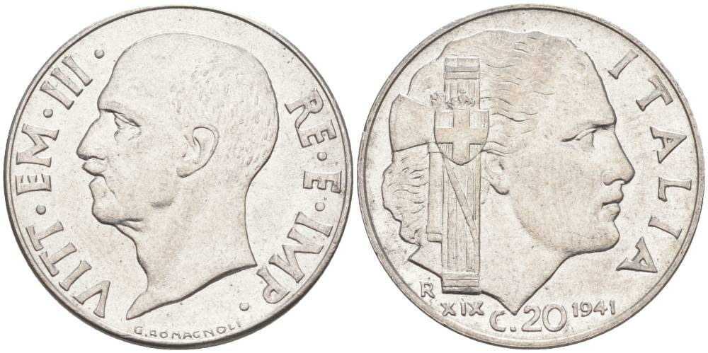 ИТАЛИЯ 20 ЧЕНТЕЗИМО 1941 R, ГОД XIX, ВИКТОР ЭММАНУИЛ III (1900-1946) KM 75b, VEM3. 1028 нержавеющая сталь 3853-642