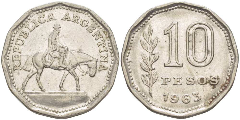 Аргентина 10 песо 1963 Гаучо KM 60 никелированная сталь 4514-943