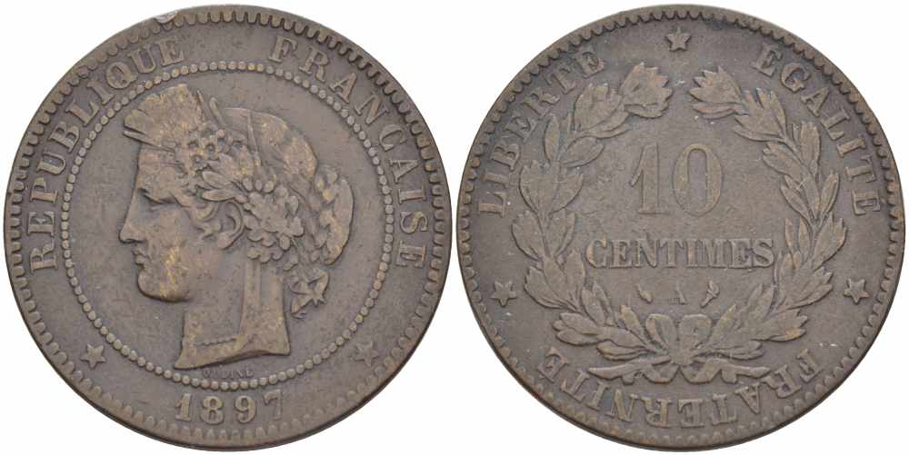 ФРАНЦИЯ 10 САНТИМОВ 1897 А, ТРЕТЬЯ РЕСПУБЛИКА (1871-1940) KM 815.1, LE FRANC 135.44 бронза 109-434