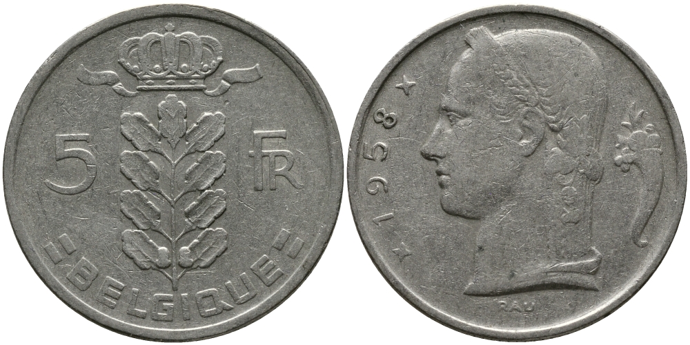 БЕЛЬГИЯ 5 ФРАНКОВ 1958 BELGIQUE KM 134.1 медно-никель 98-626
