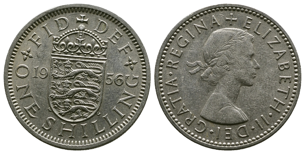 Великобритания 1 шиллинг 1956 Елизавета II (1952-2022), Английский герб KM 904, Spink 4147 медно-никель 4384-327