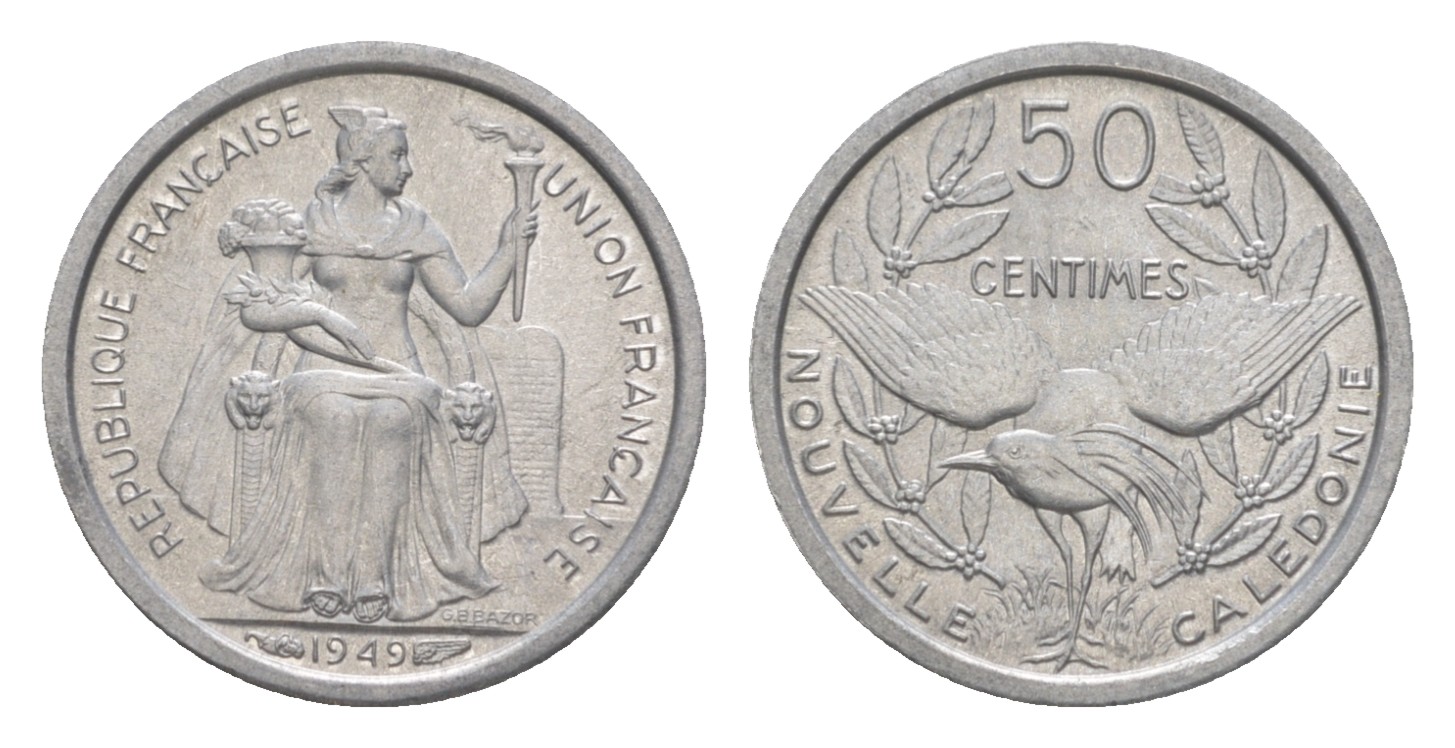 Французская Новая Каледония 50 сантимов 1949 птица кагу, заморские территории KM 1 алюминий  aUNC  4640-865