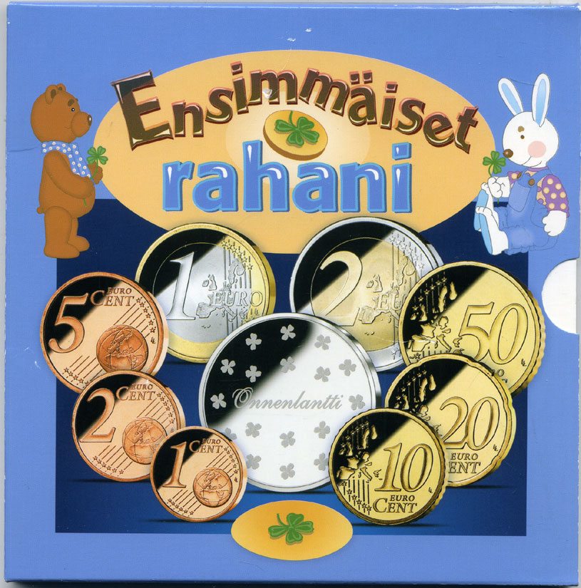 Финляндия евронабор из 8 монет + жетон 2004 детские игрушки, ONNENLANTTI, в оригинальном буклете KM MS 70   UNC  5-6-1-05