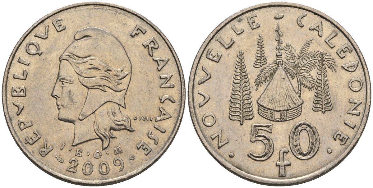 Французская Новая Каледония 50 франков 2009 хижина среди сосен и пальм, (IEOM) KM 13a, Schoen 15a, Lec 128i медно-никель 4111-612