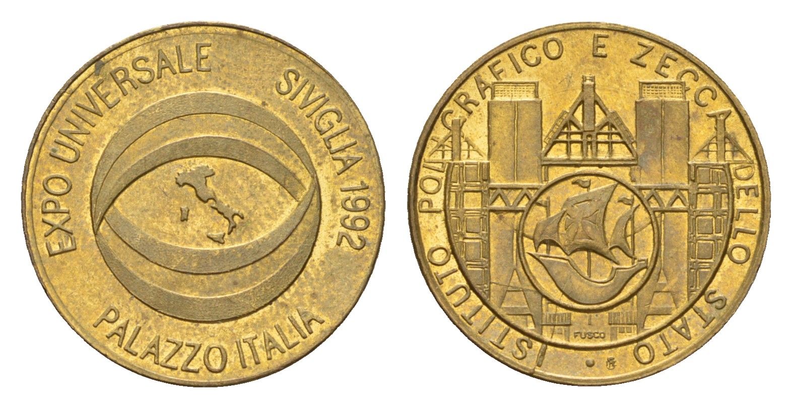 Италия медаль Итальянский павильон на выставке в Севилье ЭКСПО-92 1992 диаметр 19,5 мм, вес 2,6 гр латунь 4669-258