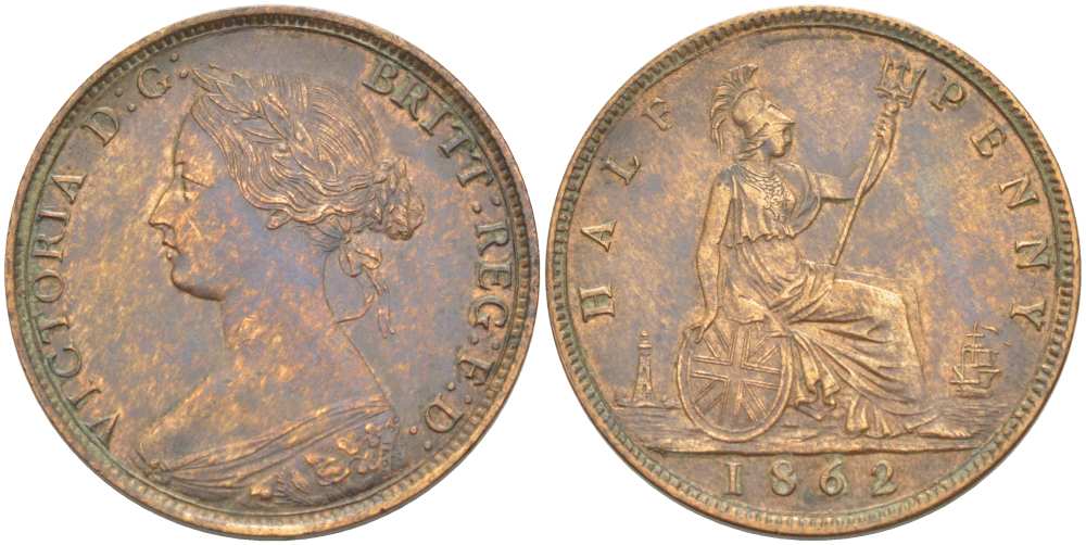 Великобритания 1/2 пенни 1862 Виктория (1837-1901) KM 748.2, Spink 3956 бронза 1518-1412