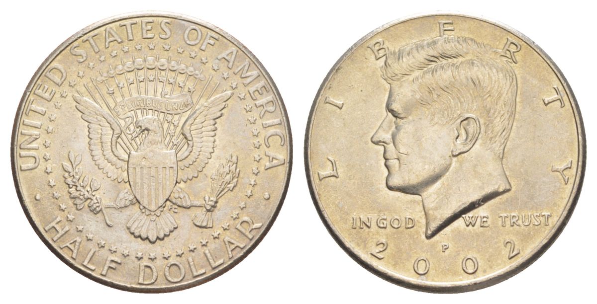 США 1/2 доллара (50 центов) 2002 D, Джон Кеннеди KM A202b медь плакированная медно-никелем aUNC 4542-512