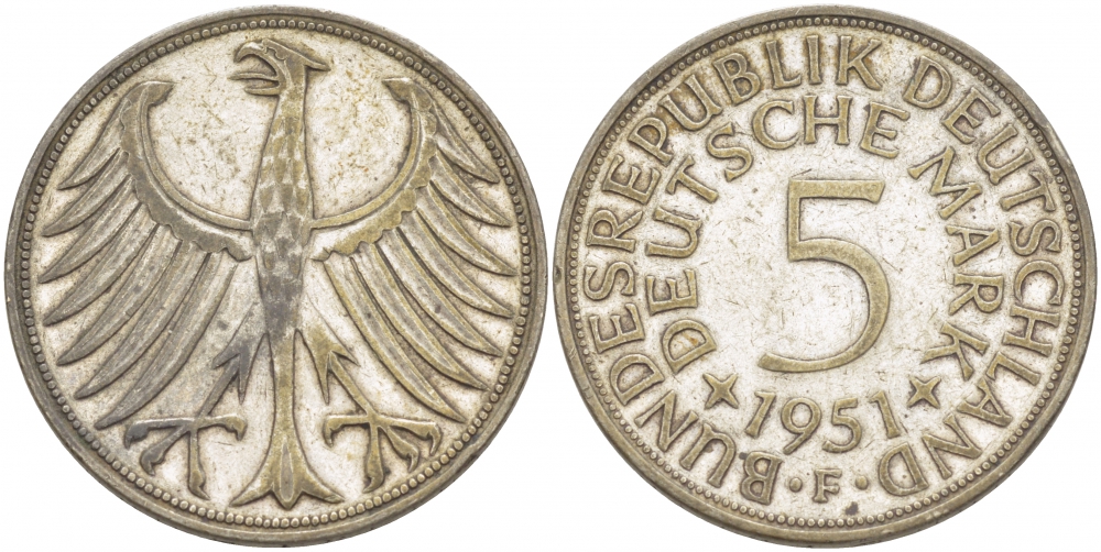 ФРГ 5 марок 1951 F, J. 387, KM 112.1 серебро 115-1112