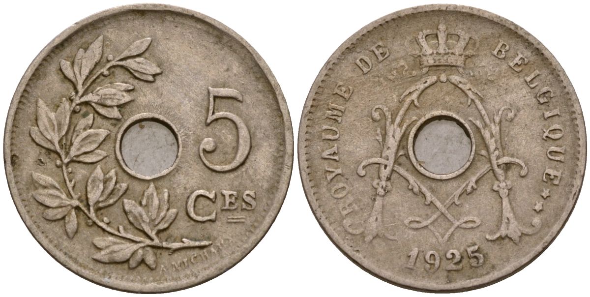 Бельгия 5 сантимов 1925 Король Альберт I (1910 - 1934) KM 66 медно-никель 4549-531