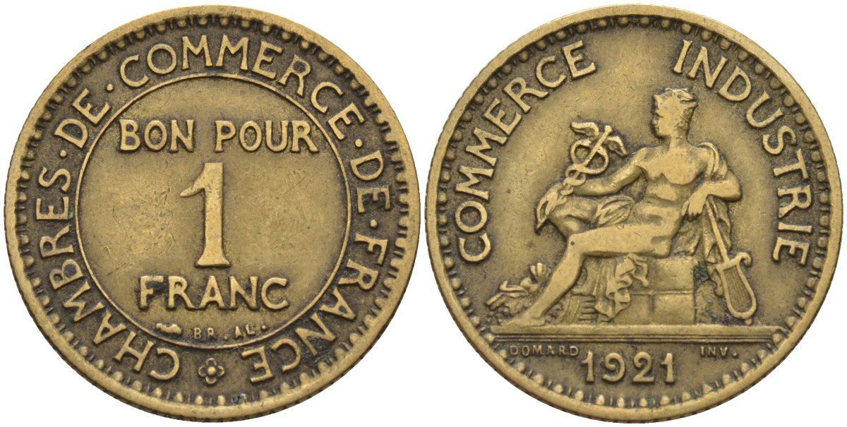 Франция 1 франк 1921 KM 876, Le Franc 218.5 алюминиевая бронза 4142-555